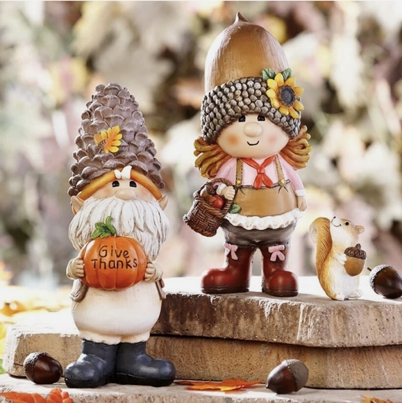 Autumn Garden Gnomes & Pet Squirrel - 3 PIECE SET! BNWT SO - Picture 1 of 15